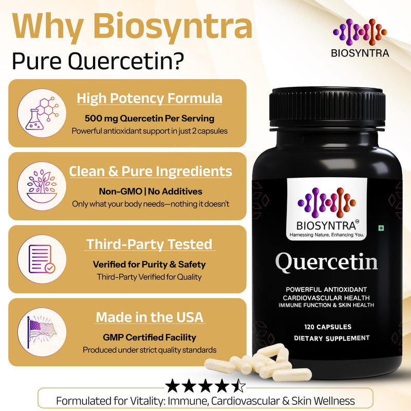 Pure Quercetin 500mg - Pure Quercetin Capsules for Immune Support & Cellular Protection – Gluten-Free, Non-GMO, 120 Capsules