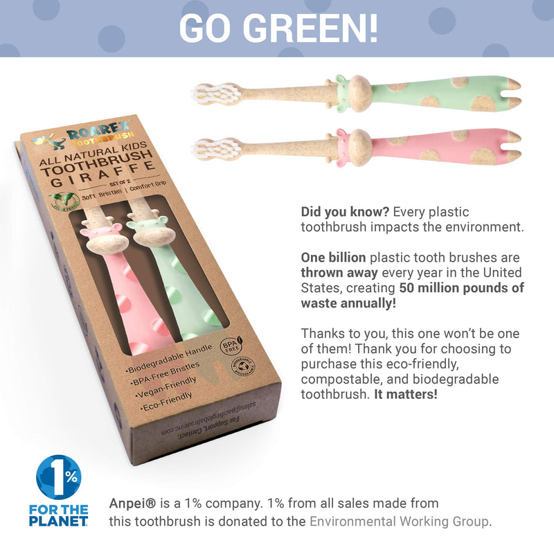 [Australia] - ROARex® All-Natural Eco Friendly Kids Toothbrush Made from Plants - Giraffe 4-36m - Baby to Toddler - Rose/Mint - 4pk | 1% for The Planet Product 4 Count (Pack of 1) Green,pink 