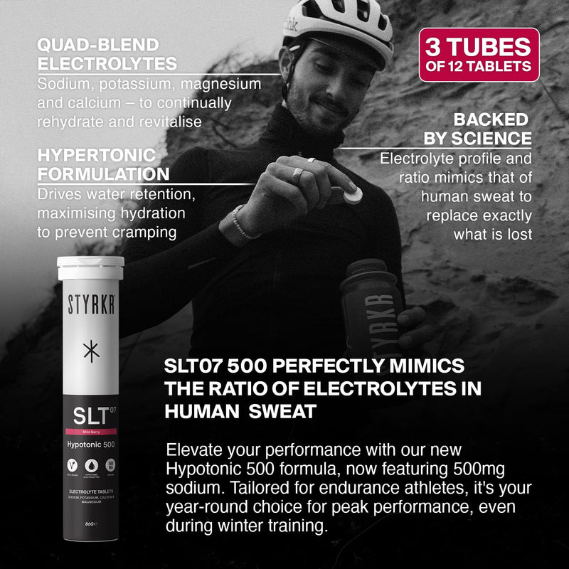 Electrolytes Tablets by Styrkr - Berry - 3X Pack of 12 Hydration Tablets - 500mg per Serving - 2X Higher Salts - Used by Endurance Athletes - Advanced Quad-Blend Formulation - SLT07 12x per Tube 500MG Mild Berry 12 count (Pack of 3)