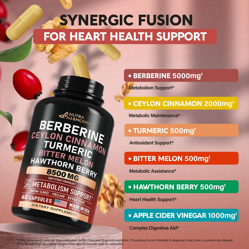 [Australia] - Berberine with Ceylon Cinnamon 10000 mg with Apple Cider Vinegar | Hawthorn Berry | Citrus Bergamot | Bitter Melon - 15-in-1 Supplement for Heart Support, Metabolism & Energy - Vegan, 60 Capsules 