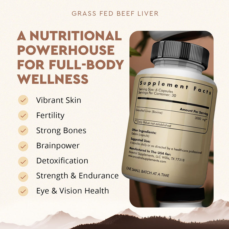 Ancestral Supplements Beef Liver Support Capsules, Iron & Energy, 180 Ct | Freeze-dried, Non-GMO Liver Rich in Heme Iron, Vitamin A & B12; Grass-fed, Desiccated, Vital Liver Support, Natural Liver