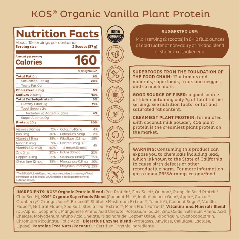 KOS Plant Based Protein Powder, Vanilla USDA Organic - Low Carb Pea Protein Blend, Vegan Superfood Rich in Vitamins & Minerals - Keto, Soy, Dairy Free - Meal Replacement for Women & Men - 10 Servings 13.05 Ounce (Pack of 1)