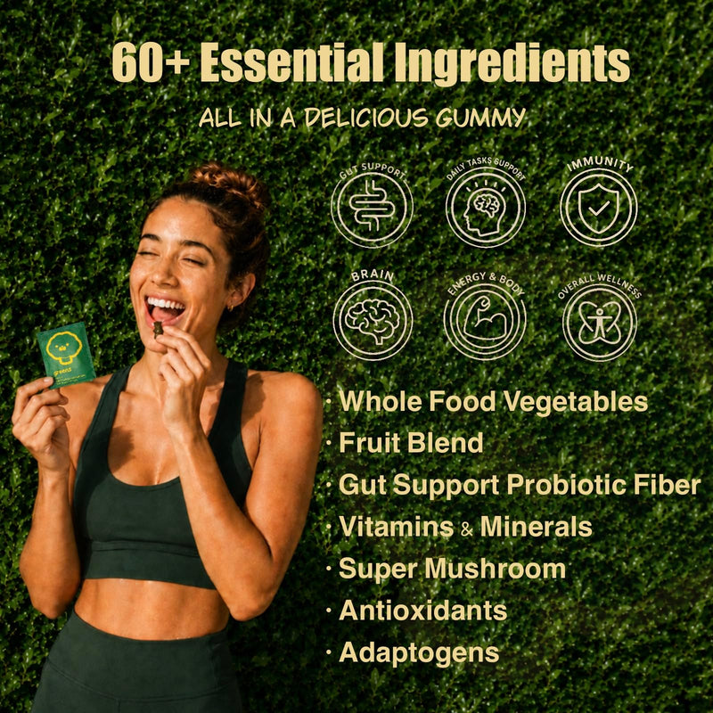 Greens Daily Gummies - Superfood Gummy with Multivitamin Daily Gummies for Women and Men with Spirulina, Adaptogens, Chlorella, Prebiotic Fiber, Fresh Mixed Fruit Flavor (80 count, 10 mini packs) 80 Count (Pack of 1)