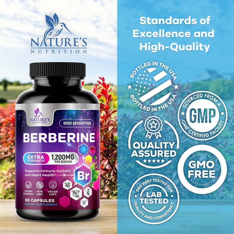 [Australia] - Berberine HCL 1200mg Supplement - Berberine HCI Capsules High Absorption Supplement for Heart Health & Immune Support, High Strength, Gluten-Free, Vegan, Non-GMO Pills - 60 Veggie Capsules 60 Count (Pack of 1) 