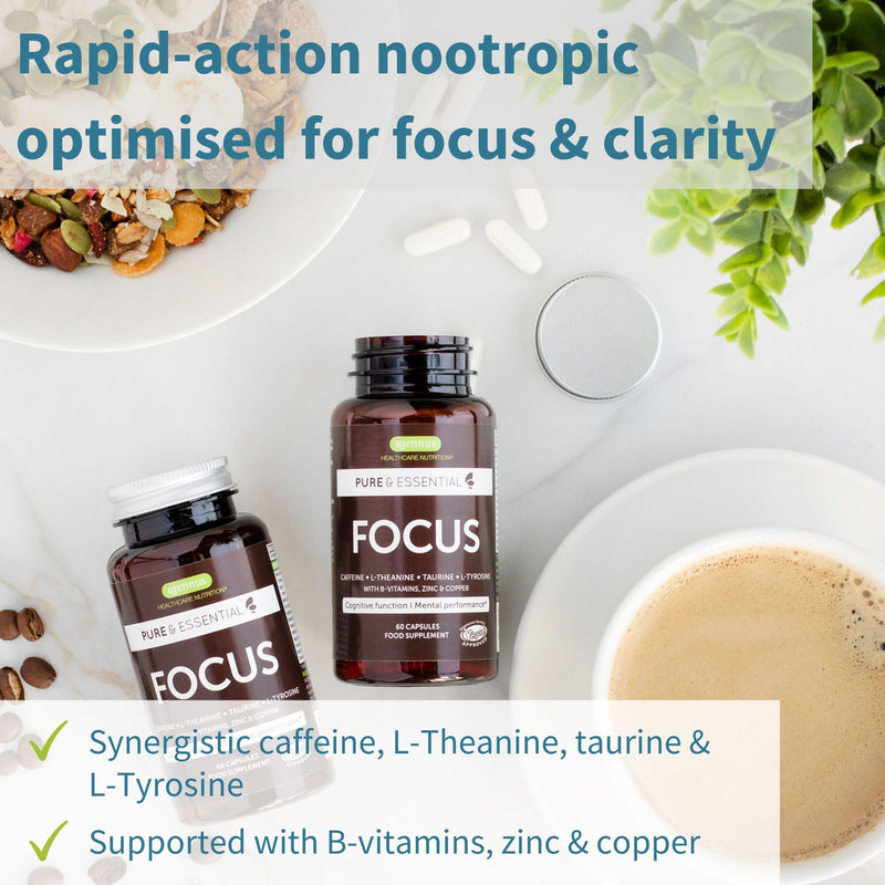 Igennus Focus - Nootropic Brain Supplement for Concentration with Methylated B-Vitamins, Taurine, L-Tyrosine, L-Theanine & 200mg Caffeine, Zinc and Copper, 60 Capsules