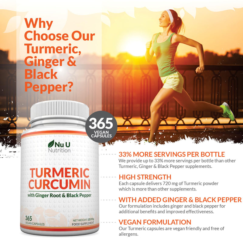 Turmeric and Black Pepper with Ginger Complex - 365 Vegan Capsules - 1 Year Supply - Tumeric Supplement Joints - High Strength Curcumin 95% Extract - Nu U Nutrition