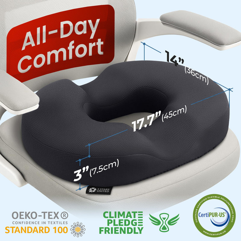 [Australia] - 5 STARS UNITED Donut Pillow Hemorrhoid Tailbone Cushion – Large Cushion for Pain Relief – Coccyx, Prostate, Sciatica, Pelvic Floor, Pressure Sores, Pregnancy, Postpartum Recovery, Black 