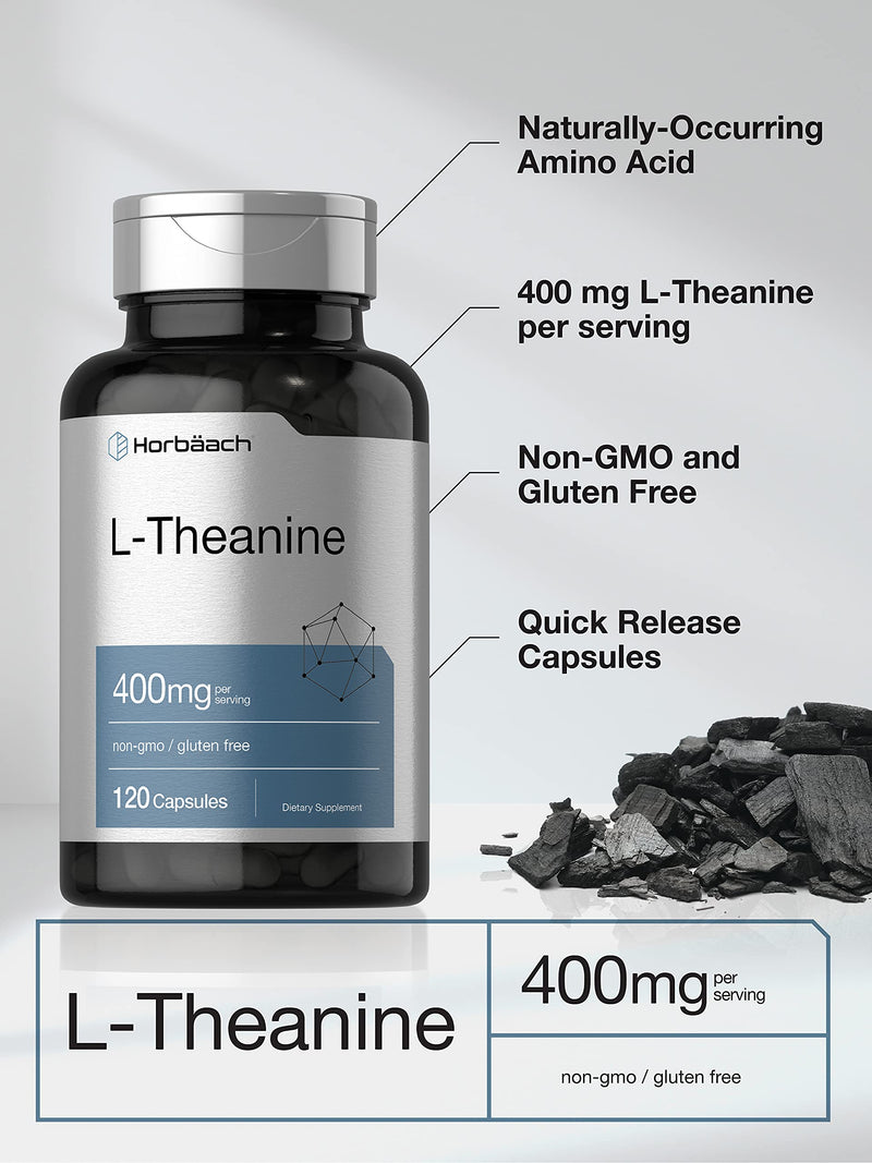 Horbäach L-Theanine Supplement | 400mg | 120 Powder Capsules | Non-GMO & Gluten Free 120 Count (Pack of 1)