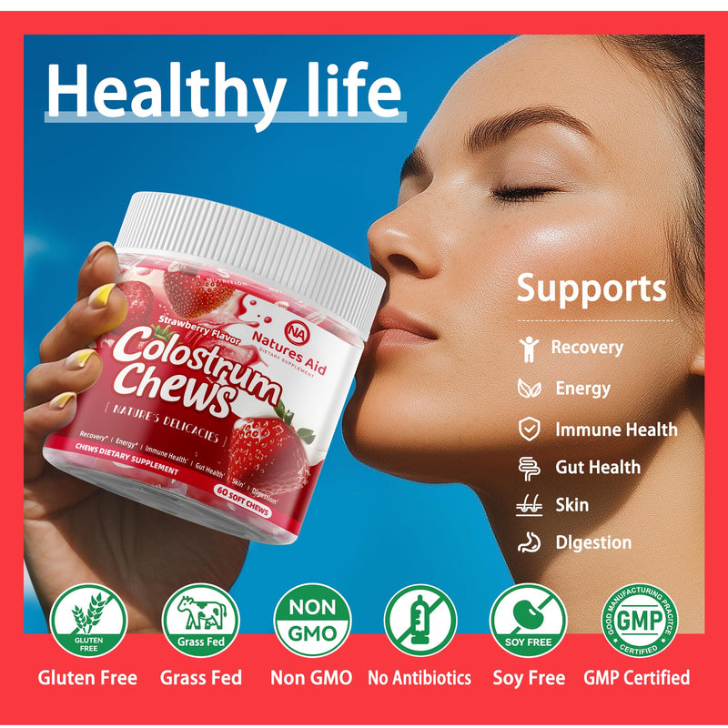 [Australia] - Colostrum Chews Supplement with probiotics for Gut Health, Bloating, Immune Support, Skin, Hair Growth and Beauty - Strawberry Flavor (60 Servings) 60 Count (Pack of 1) 