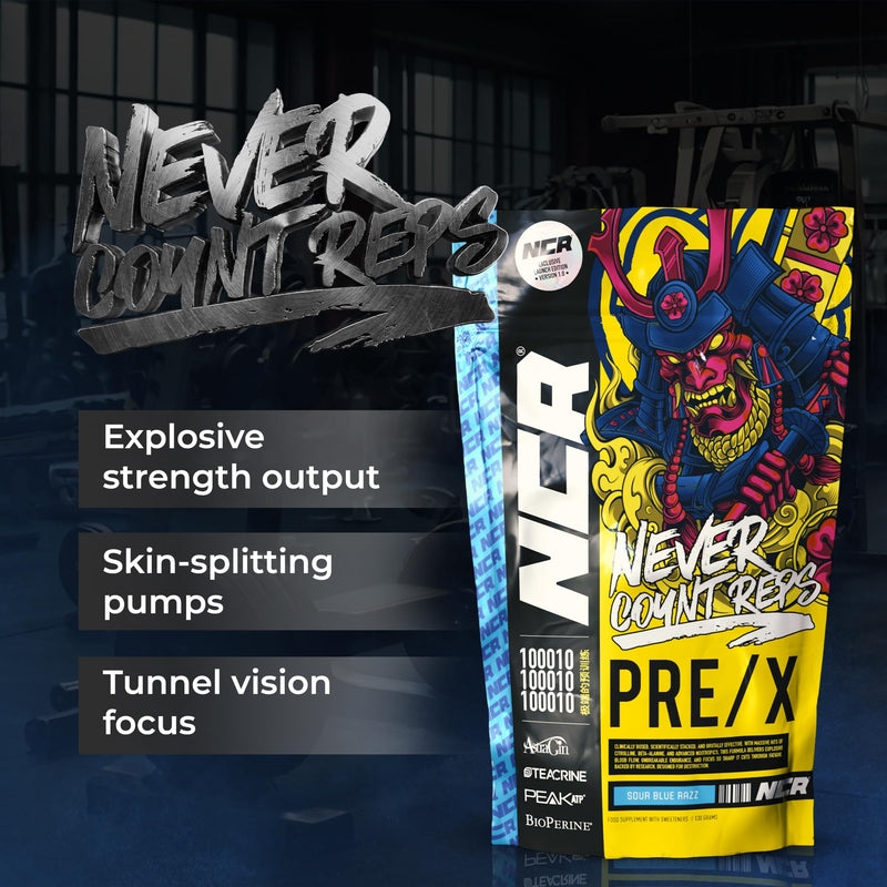 Never Count REPS Sour Blue Razz Pre Workout - 130g Pouch (10 Servings) - Energy Drink Powder with Caffeine, Citrulline, Beta Alanine & More - Controlled Stim Energy - Performance Supplement Sour Blue Raspberry 10 Servings