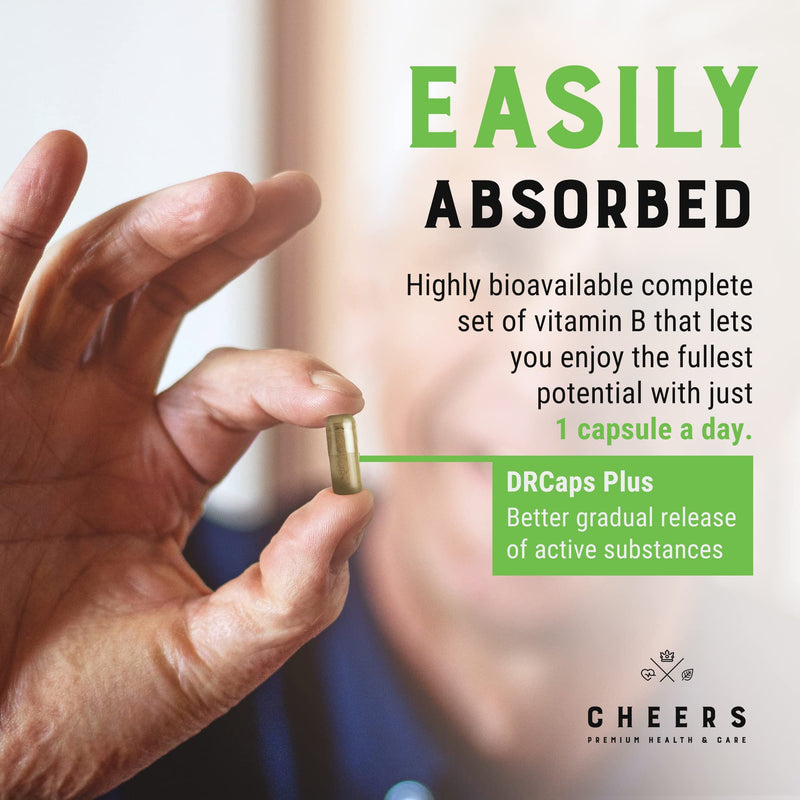 CHEERS Vitamin B Complex Supplement 415mg | High Absorption Vegan B Complex for Brain, Nerve & Immune Support | Complete B Vitamins with B1, B2, B3, B6, B12 | Non-GMO, DRcaps® Plus | 60 Capsules