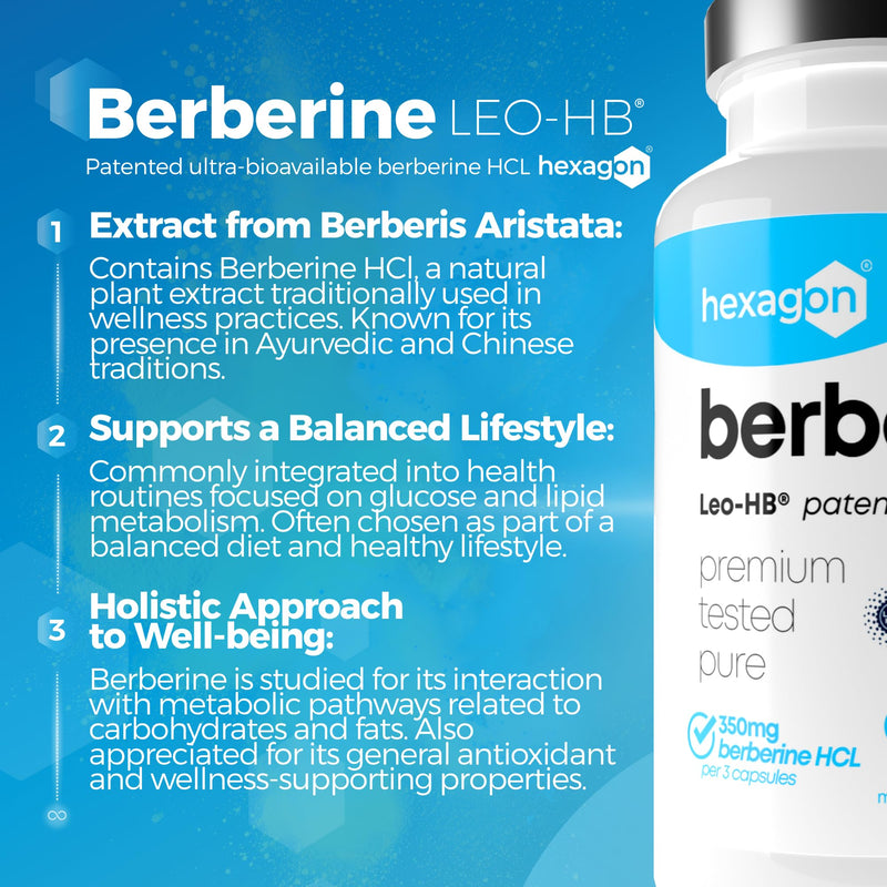 Berberine HCL with Patented Leo-HB® Technology - Up to 3-Month Supply - 4X Enhanced Absorption - Berberis Aristata Extract - 90 Vegan Capsules - Made in France - Hexagon