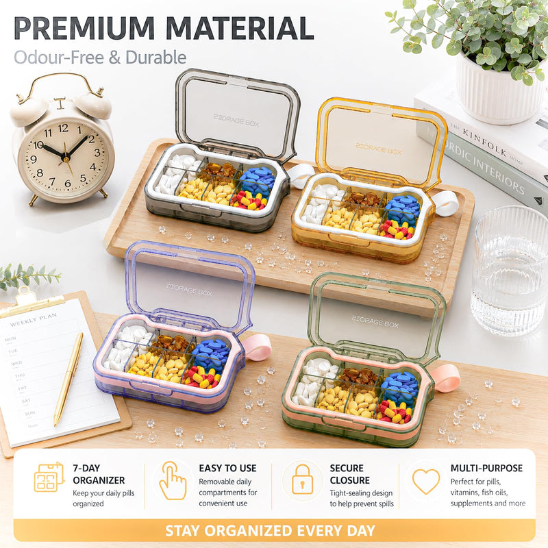 Small Pill Case, Travel Pill Organizer, Pocket Size Medicine Box, 7 Compartments Compact Pill Box for Fish Oil Vitamins Supplements Daily Medications, Purse Backpack Office Amber Purple