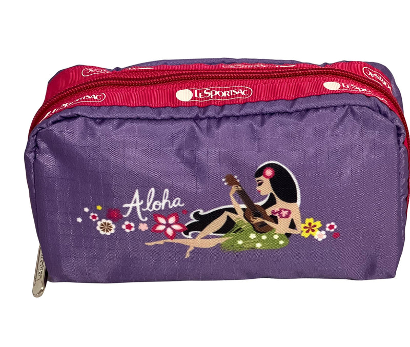 LeSportsac Aloha Mele HAWAII EXCLUSIVE Rectangular Cosmetic Bag/Pouch Style 6511/Color K873, Colorful Hula Girl Playing a Ukulele, Aloha & Hawaii Printed on Front/Back, Mele (song), Collector's Bag