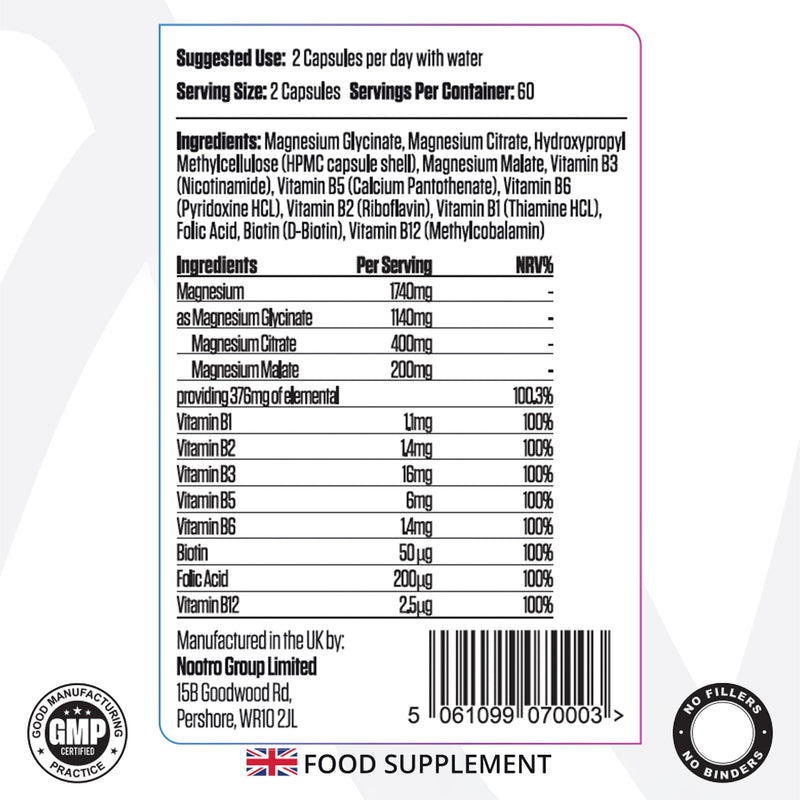 Nootro Essentials Magnesium 3-in-1 Capsules, High Strength Magnesium Supplements with Glycinate, Malate and Citrate for Sleep, Muscle & Digestive Support (60 Servings - 2 Month Supply) 120 count (Pack of 1)