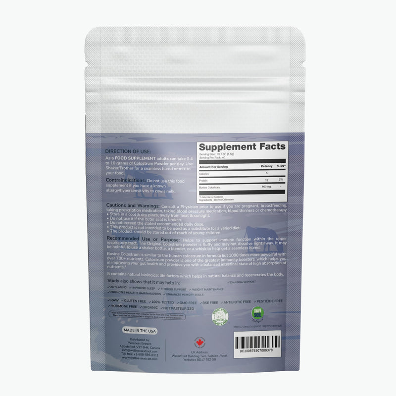Wellness Extract Bovine Colostrum Powder Rich in Protein & Lactoferrin- The True Certified Supplement for Immune Support, Gut Health, Muscle Growth - 60g 60g (pack of 1)