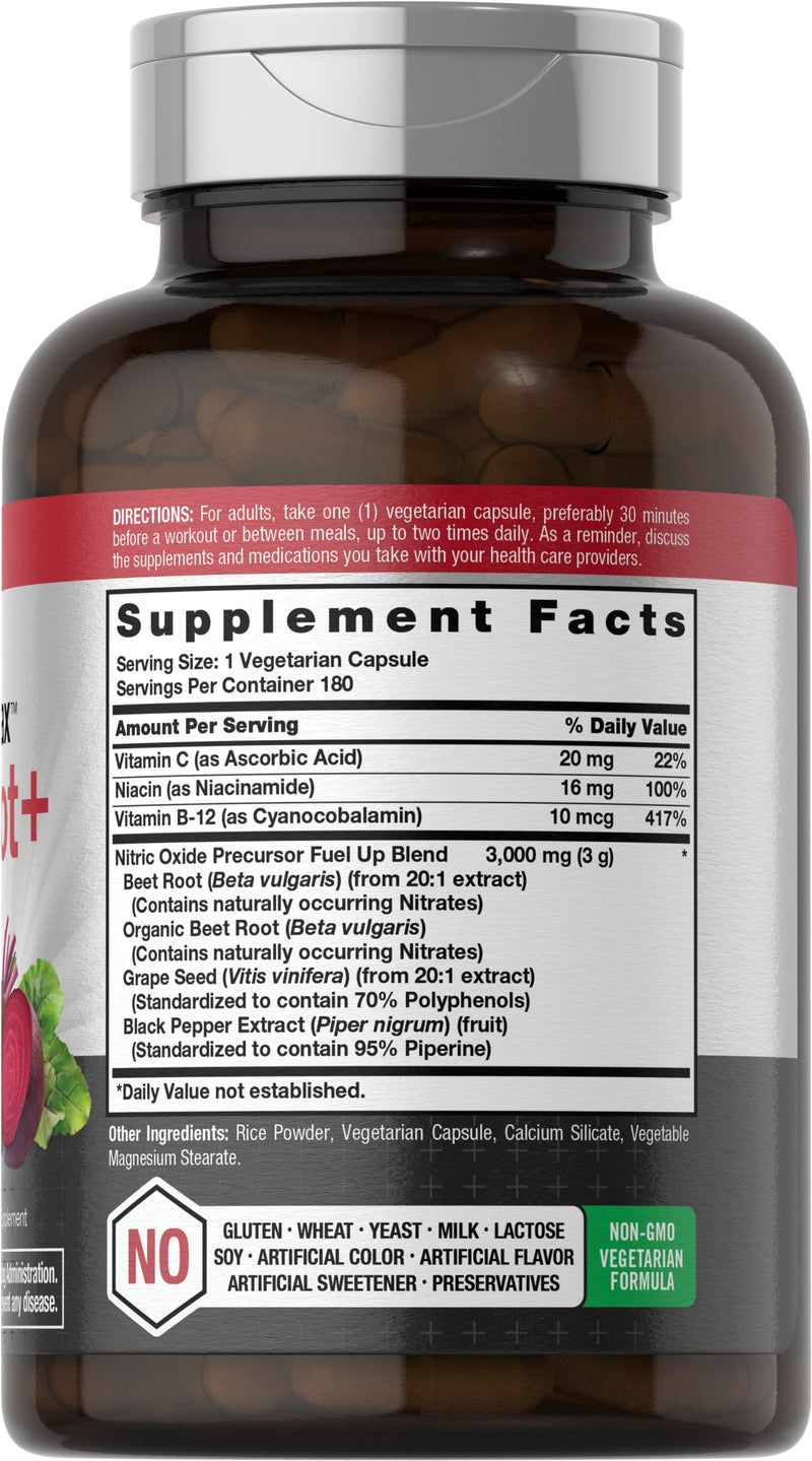 Horbäach Nitric Oxide Beet Root Capsules and Precursor | with Nitrates | 180 Count | Vegetarian, Non-GMO, Gluten Free Supplement