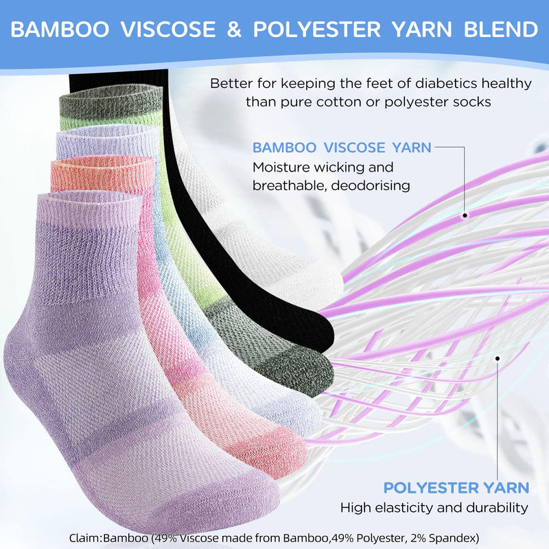 [Australia] - Bulinlulu Diabetic Socks for Women&Men,6 Pairs Non Binding Diabetic Ankle Socks,Wide Socks with Seamless Toe Size 6-9 9-11 Medium Pale Purple/Purple/Green/Orange Red/Black/White 