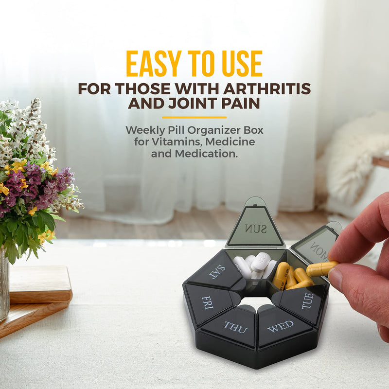 Weekly Pill Organizer - (Pack of 2) 7-Day Pill Container - Arthritis Friendly Portable & Compact Travel Case Daily Compartment Medicine Pills Box for Supplements, Medication, Vitamins and Fish Oils Black 2 Count (Pack of 1)