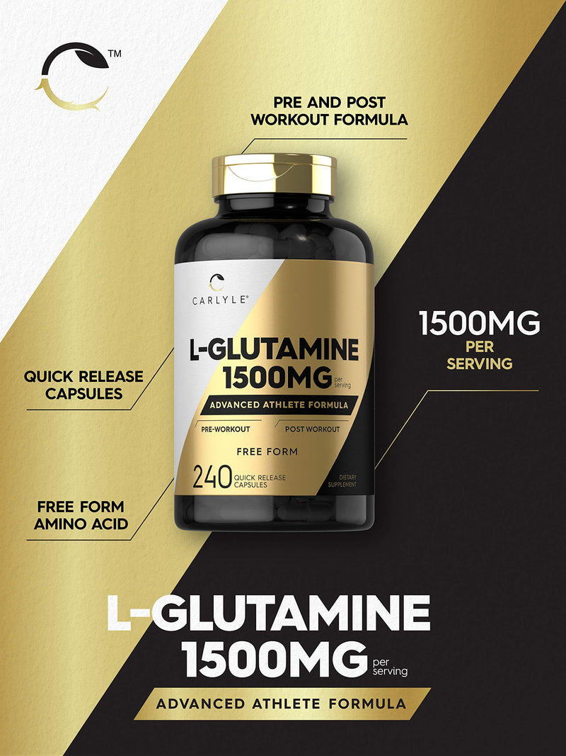 Carlyle L Glutamine Capsules | 1500mg | 240 Count | Advanced Athlete Formula | Pre and Post Workout | Non-GMO, Gluten Free Supplement