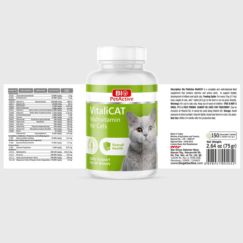 VitaliCAT Multivitamin for Cats, Skin and Coat Supplement, Cat Prenatal Health Supplies, Vitamin A + E + B9 + B5 + H + Biotin + Amino Acids for Cats, 150 Chewable Tablets - PawsPlanet Australia