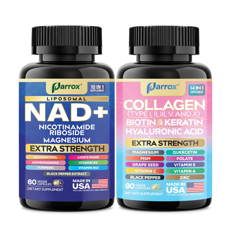 NAD+ & Collagen Anti-Aging Bundle, Resveratrol, Forever Young Set | Liposomal NAD, Nicotinamide Riboside, Magnesium, Resveratrol, Lion's Mane, Collagen I-X, Biotin & Keratin