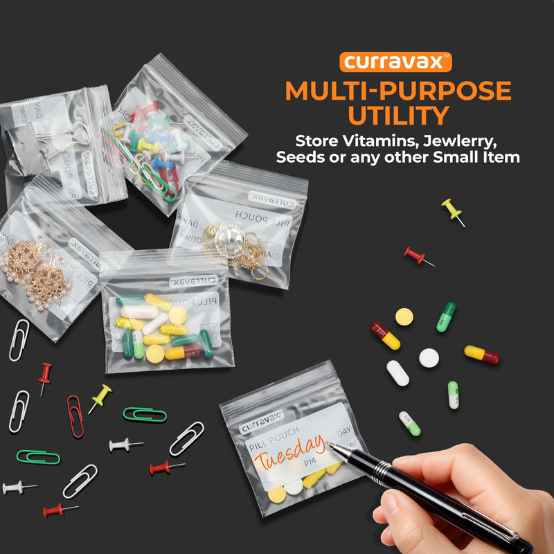 Pill Bags for Travel Pill Pouch Organizer Pack of 400 BPA Free 3 x 2.75 inch Pill Pouches for Medicine Reusable with Write on Label & Waterproof Zipper Seal AM PM Pill Baggies for Vitamins by CURRAVAX