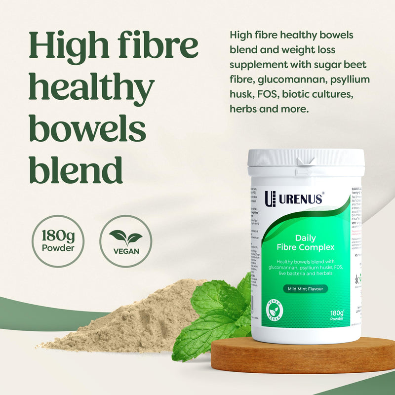 Daily Fibre Complex 180 g – High Fibre Powder with Psyllium Husk, Glucomannan (Konjac), Sugar Beet Fibre, Inulin (FOS), Herbal Botanicals & Live Bacteria – Mild Mint Flavour – Vegan