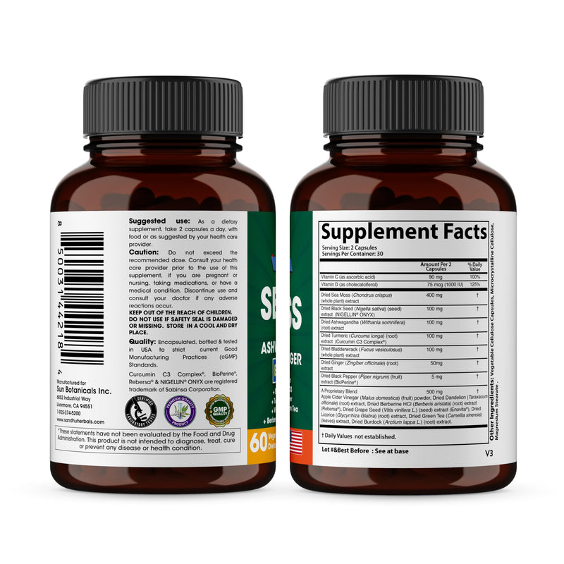 Sea Moss Capsules with Black Seed Oil Ashwagandha Ginger Burdock Root | Advanced Seamoss 60 Count | All Men Women Age