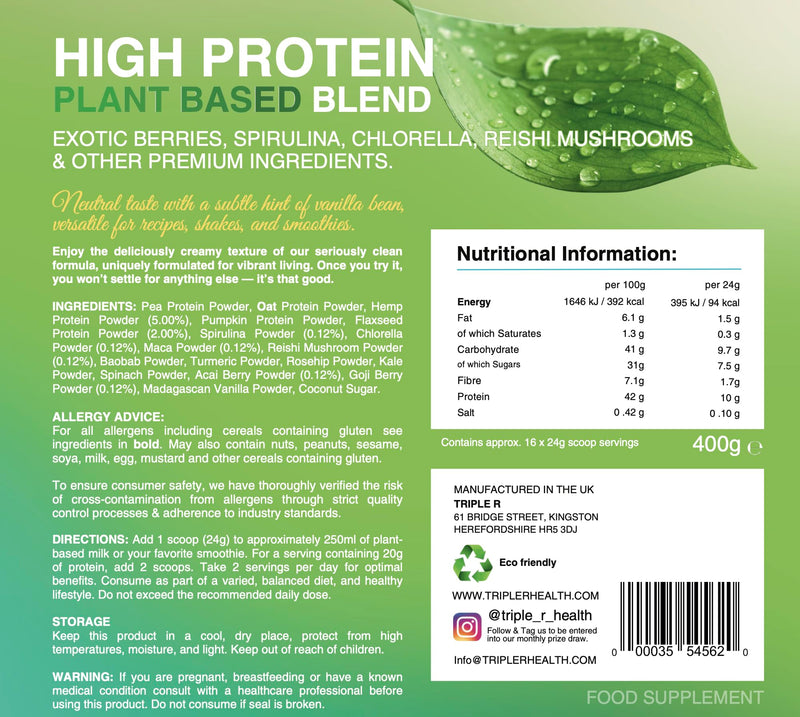 Triple R Vegan Protein Powder & Super Green | Pea Protein Blend | Organic Plant-Based Amino Acid Source, Vanilla, 16 Serving, 400 g