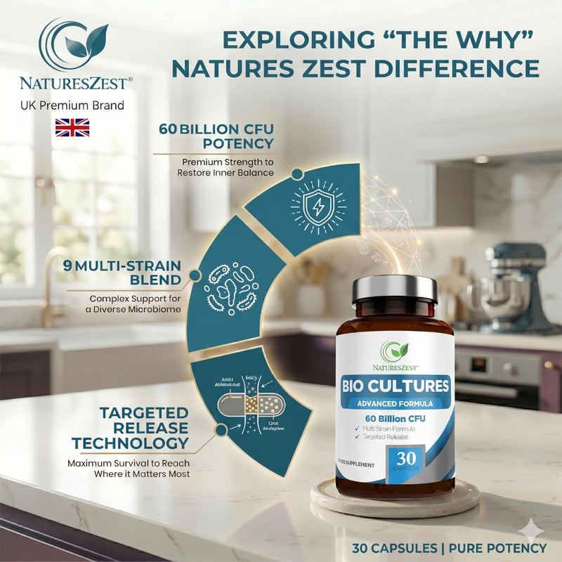 Bio Cultures Complex Probiotics and Prebiotics for Gut Health 60 Billion CFU - 30 Vegan Capsules - High Strength Digestive Supplements, Multi Strain Pre and Probiotics Formula for Men & Women 30 count (Pack of 1)