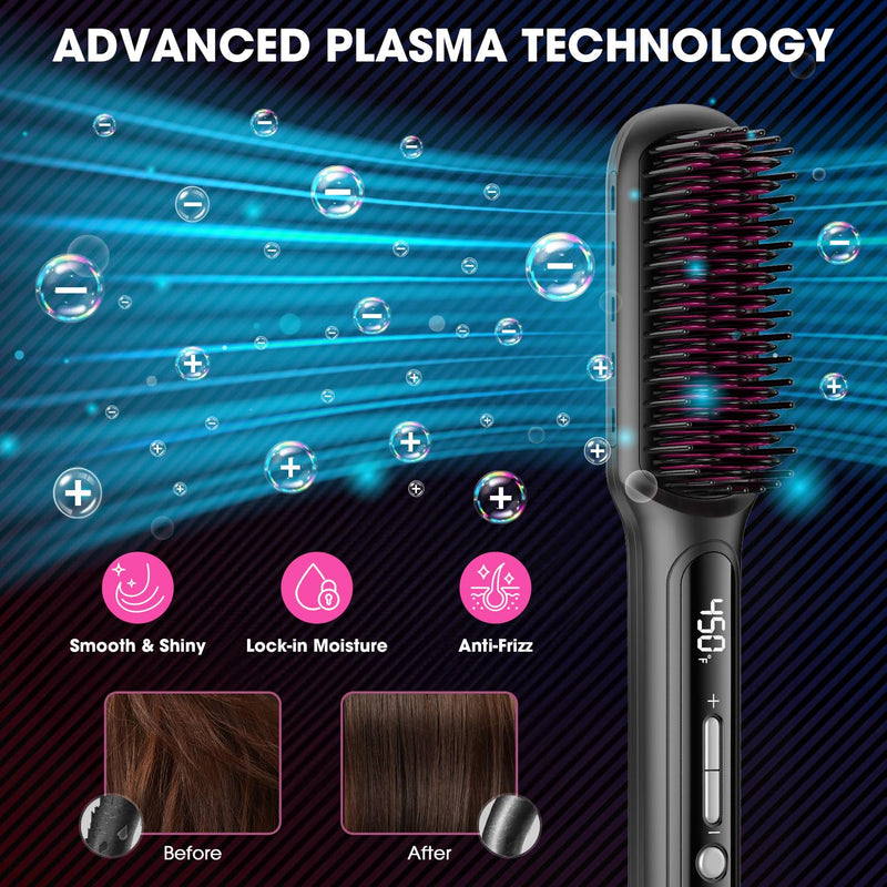 [Australia] - MiroPure Hair Straightener Brush with Plasma Technique, Ceramic Straightening Brush with 16 Temp Settings 30s Fast Heating, Hair Straightener Comb for Women with LED Display & Dual Voltage, Black 