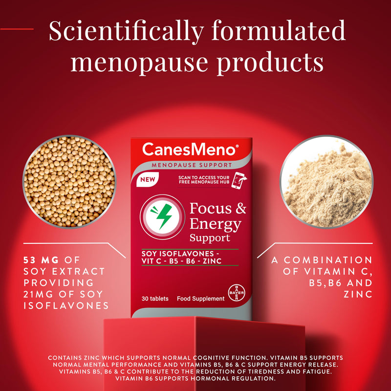 Menopause Support Focus & Energy Support 30 Tablets, containing Vitamin C, B5, B6 and Zinc.