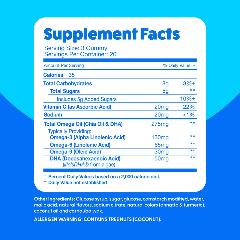 Feel Great Omega 3 6 9 + DHA Gummies for Kids & Adults, Vegetarian, 60ct | Plant-Based Omega 3 6 9 + DHA for Brain & Immune Support, Vitamin C & Chia, Fish Oil Alternative, Vegetarian, Gluten-Free