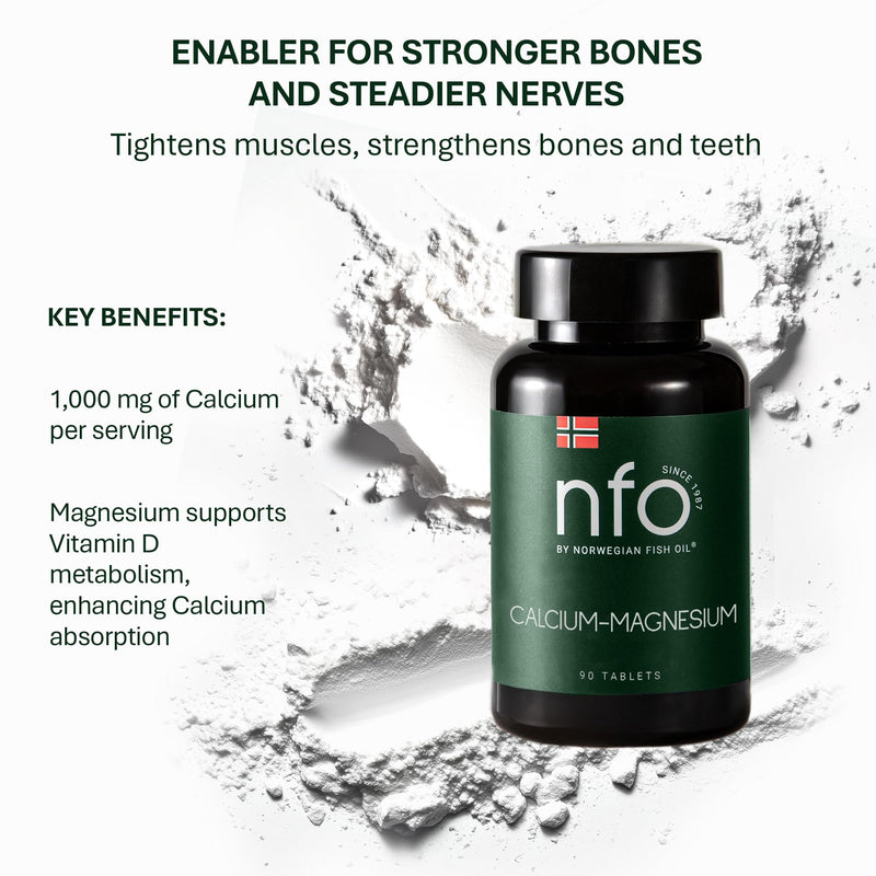NFO Calcium-Magnesium [90 Tablets] Norwegian Fish Oil Natural Complex with a high Dosage of Calcium and Magnesium Minerals and Vitamins K and D to Strengthen Bones and Teeth