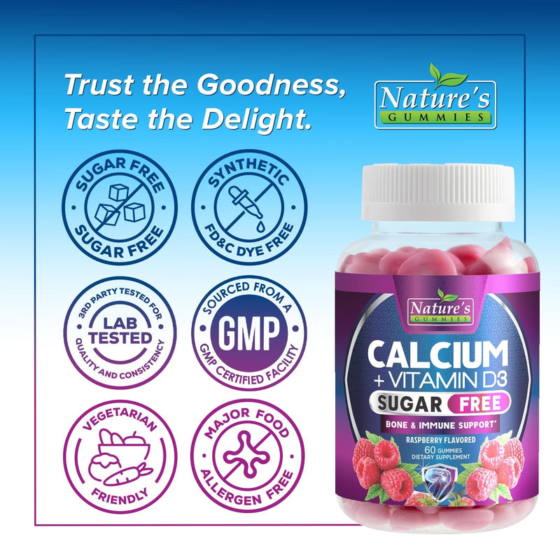 Calcium Supplement Gummies - Sugar Free Calcium Gummy with Vitamin D3 for Best Absorption - Supports Immune Health, Bones & Teeth - Nature's Calcium Chews for Women & Men - Berry Flavor - 60 Gummies 60 Count (Pack of 1)