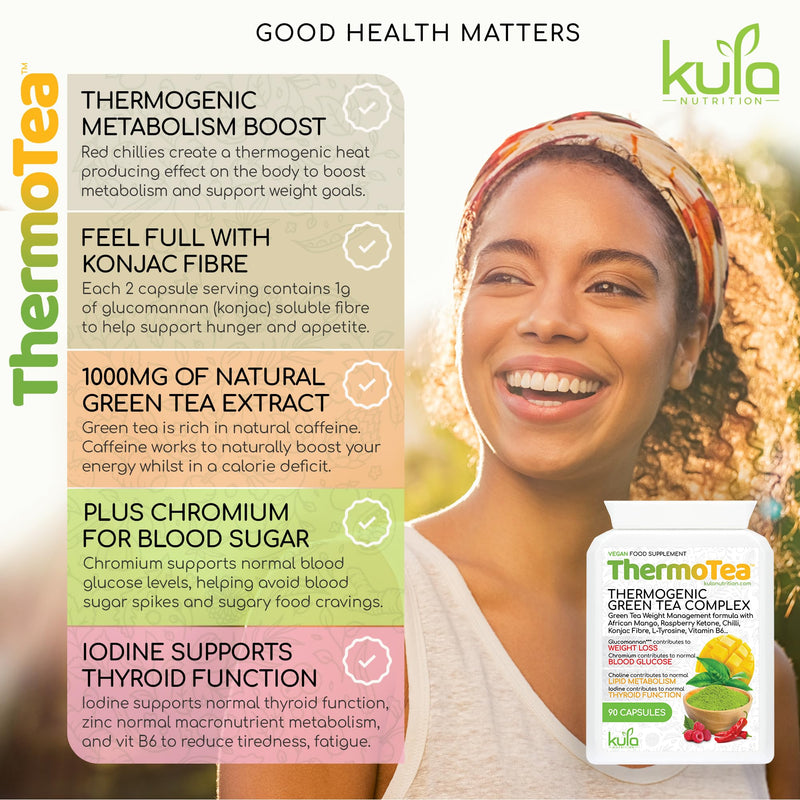 ThermoTea - Thermogenic Green Tea Complex for Weight Management with Glucomannan Konjac Soluble Fibre, Raspberry Ketones, African Mango, Chilli, L-Tyrosine, Vitamin B6 and Chromium - 90 Vegan Capsules