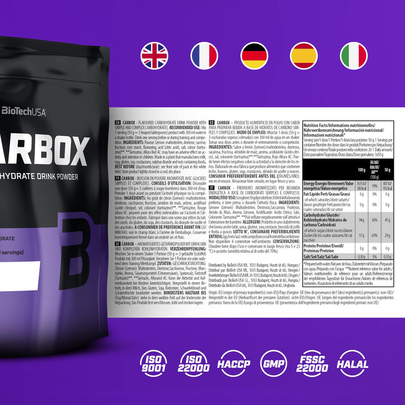 [Australia] - BioTechUSA Carbox | Carbohydrate complex | Energy boost before, during and after training, 1 kg, lemon 