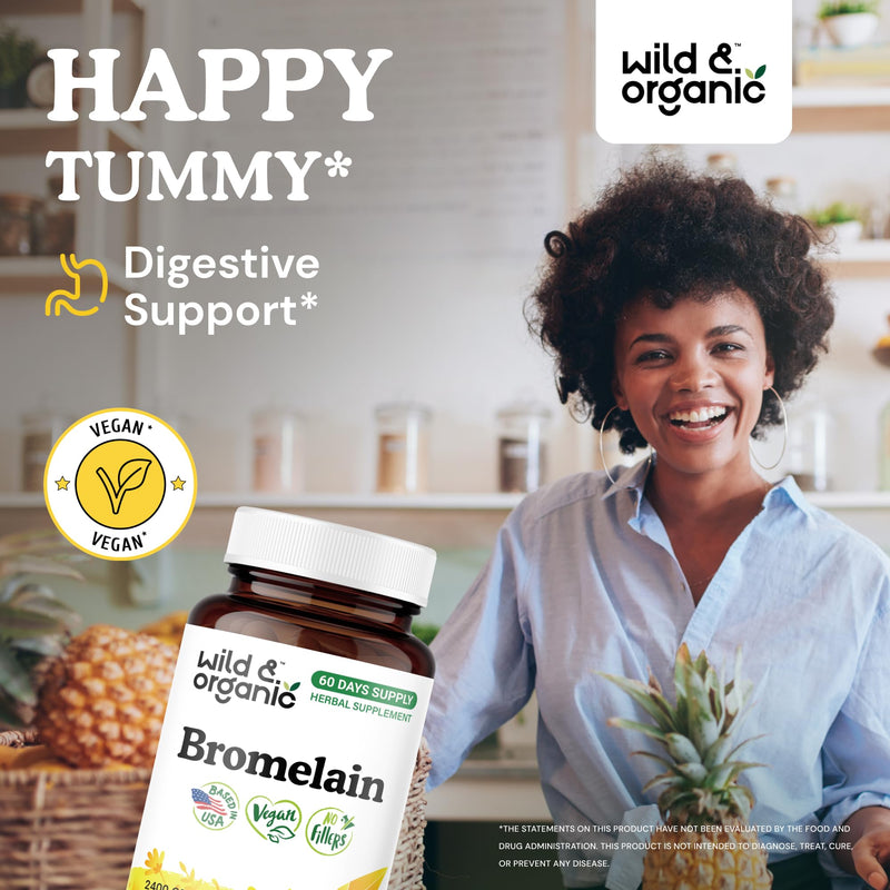 [Australia] - Wild & Organic Bromelain 500 mg Capsules - Digestive Support - Bromelain Powder Supplement - Pineapple Enzyme Source - Vegan, No Fillers, Non-GMO - 60 Count 