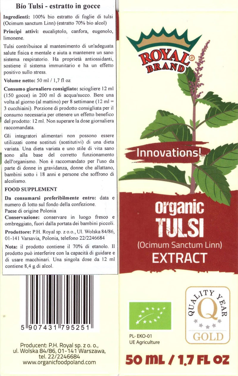 Tulsi Holy Basil Tincture Organic/Extract Drops / 50ml / 1.7 fl oz/Glass Bottle for Better Quality
