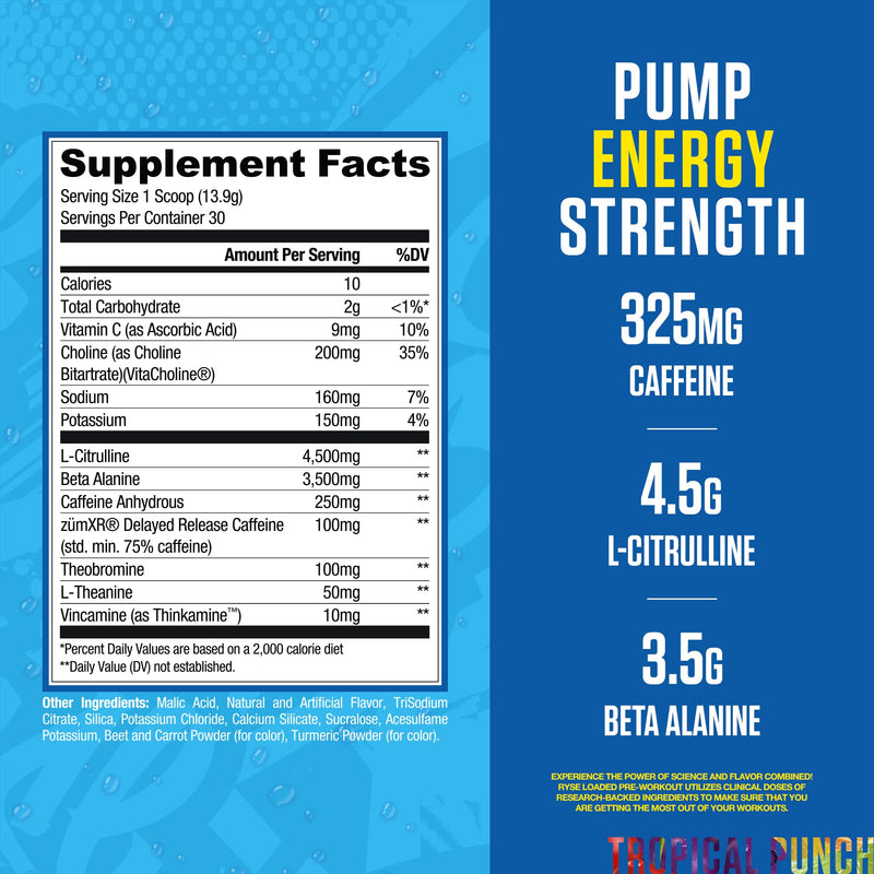 [Australia] - RYSE Loaded Pre Workout Powder - Kool-Aid Tropical Punch - Daily Pre-Workout for Men & Women with 325mg Caffeine, Beta Alanine, and Citrulline for Pump, Focus, and Energy - 30 Servings 