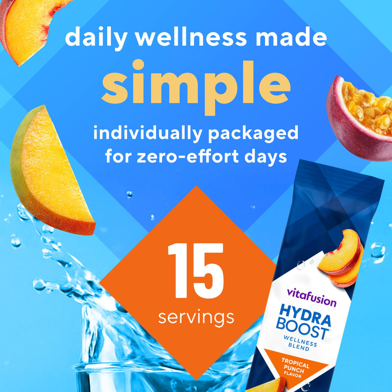 Vitafusion Hydraboost Drink Powder Packets, Electrolytes Support Daily Hydration, Vitamins Support Cellular Energy & Immune Health, Prebiotic Fiber Supports Gut Health, Tropical Punch, 15 Sticks