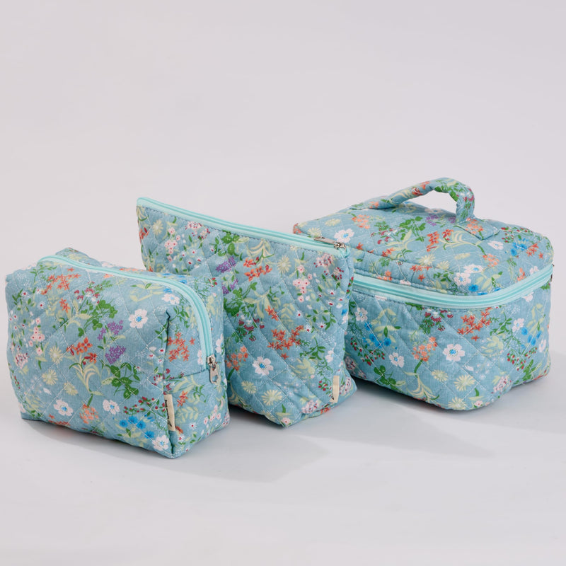 Wildflower Floral Quilted Cotton Cosmetic Zipper Pouch, Large Capacity Makeup Accessories Storage Bag for Women Girls, Aesthetic Coquette Travel Toiletry Organizer (Set of 3) Wildflower Floral
