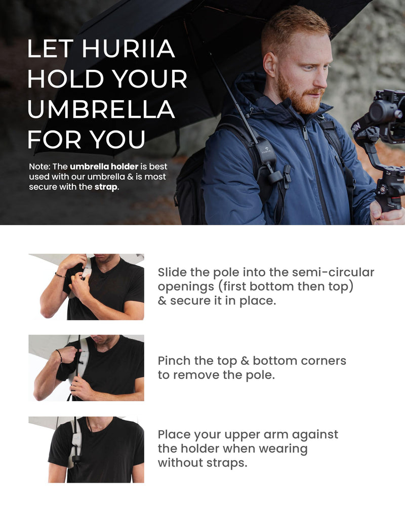 Hands-Free Umbrella Holder, Wearable Portable Umbrella Strap, Fits Any 8-10mm Small Parasol for Backpack Use, Essential Traveling Accessories for Daily Use Charcoal Black
