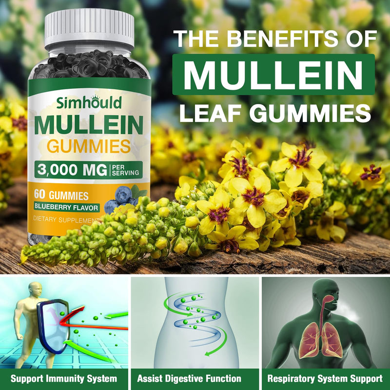[Australia] - 2 Pack Sugar Free 3000MG Mullein Gummies - Lung Cleanse, Mullein Leaf Extract Supplement for Respiratory, Organic Mullein Drops with Quercetin & Bromelain for Lung, Digestive Health & Immune 60 Count (Pack of 2) 