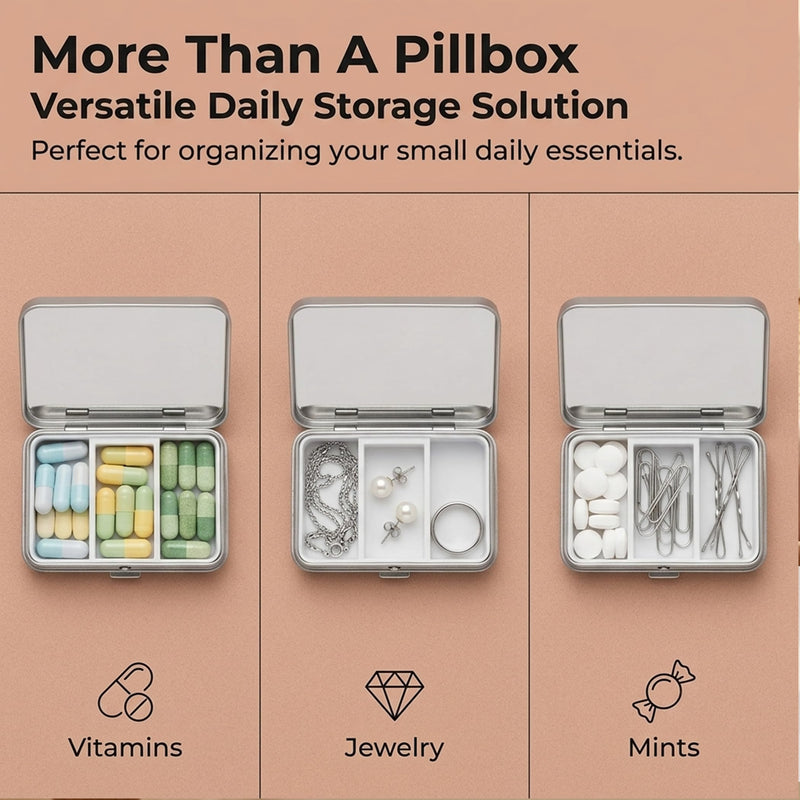 2Pcs Small Pill Case with Mirror 3 Compartment Metal Pill Box for Purse and Pocket,Portable for Daily Vitamins and Medication(Silver) Silver