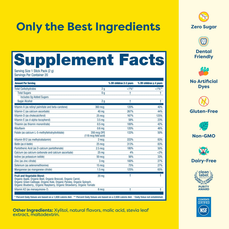 HIYA Kids Multivitamin, 20 Stick Packs for Toddlers & Kids, 0g Sugars | 15+ Essential Vitamins & Minerals with Fruits & Veggies for Ages 2+ Supports Growth, Development & Immune, Third Party Tested