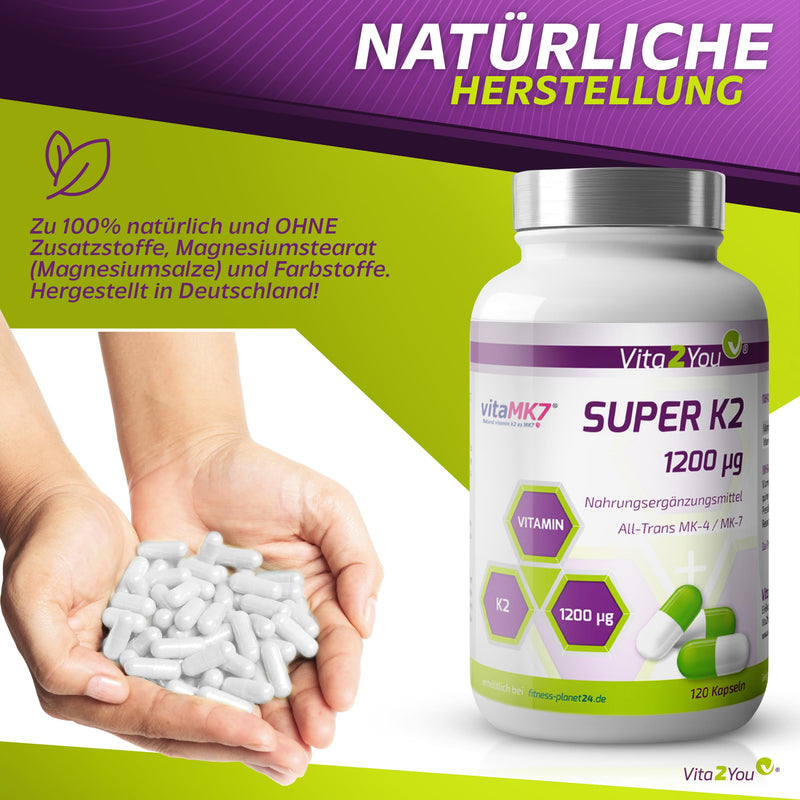 [Australia] - Vita2You Super K2-1200µg Vitamin K2 - Original vitaMK7® - (Natural MK-7) with MK-4 >99% All Trans - 120 capsules - High dosage - Premium quality 