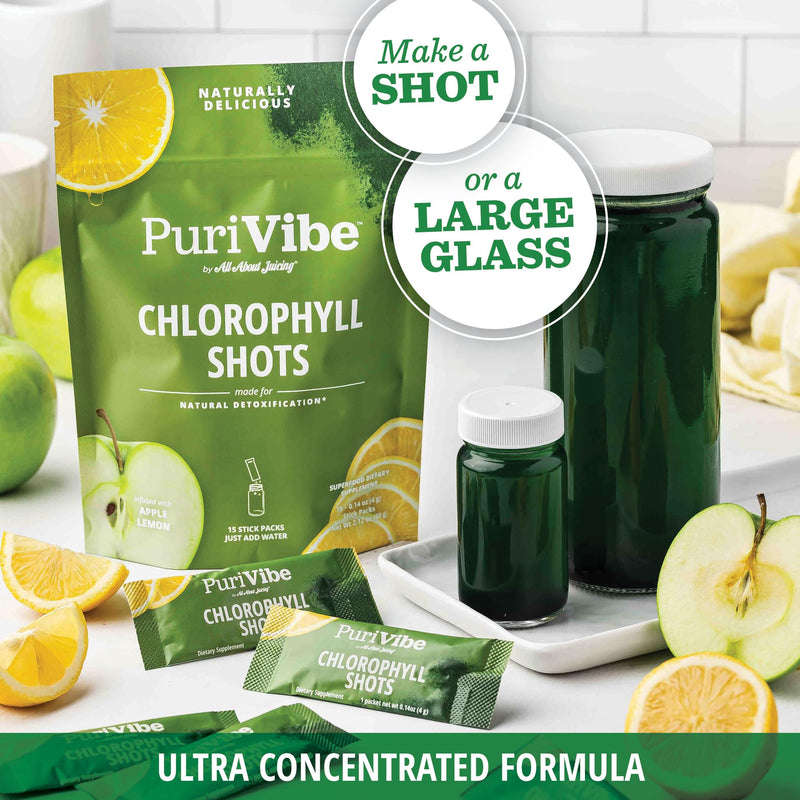 [Australia] - All About Juicing Chlorophyll Green Juice Shots - Clean Energy, Detox, Alkalize - 15 Stick Packs - Superfood Juice Powder - PuriVibe Chlorophyll Shots 15 Pack 