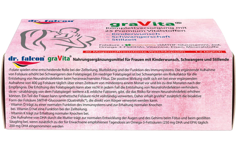 [Australia] - dr. falcon graVita – 25 nutrients for the desire to have children, pregnancy and breastfeeding - 30 capsules | contains folic acid, quatrefolic, omega-3, DHA, vitamin D3 + K2, iodine, iron, selenium 